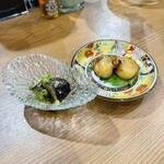 酔処さんぽや - お通し　茄子の揚げ浸しと帆立の醤油焼き　