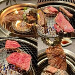 杏樹亭 岸根店 - 「本日の特撰厚切り焼（税込￥1,980）」「上ネギタン塩（税込￥2,180）」「上ロースタレ（税抜￥1,780）」を焼いているところ…