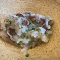 柚木元 - 本州鹿バラ肉と野草（ハコベ、ナズナ、蕪）の鹿出汁おじや