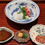 日本料理 別府 廣門 - 茹で車海老 紋甲烏賊 茹で菜の花