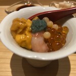 鮨処 池上 - 寿司屋の北海道ウキウキパフェ
      　蝦夷馬糞雲丹 甘海老 いくら