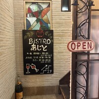 ビストロあじと - 階段下の看板です。
