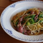 where - 菜の花と蛍烏賊のアーリオ オーリオ（カラスミかけてもらった）