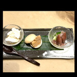 鮨 とぐら - 【三点盛】とぐらオリジナルクリームチーズしたて◆あん肝味噌漬け〜いぶりがっこ◆ほたるいか酢味噌　　byまみこまみこ