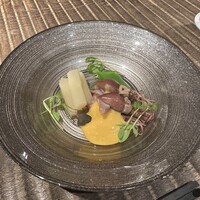 食幹 渋谷 - ホタルイカとスナップエンドウとホワイトアスパラガス　辛子黄身酢がけ　（0.5人前）
