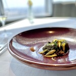 forty three - 蛤と龍の瞳・玄米おこわのよもぎラビオリ