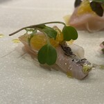 プルサーレ - 『サワラ【愛知】カルパッチョ』
      
      上から、
      ・マイクロリーフ
      ・八朔とカラマンシービネガーのソース
      ・厚切りのサワラを、皮目炙ってカルパッチョ仕立てに
      ・蕪？のスライス