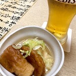 登川 - お通しのおでん。出汁がしっかりスッキリするも、薩摩揚の旨味が溶け込み美味しい。恵比寿でエビスを飲む幸せ。