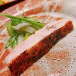 炎水 - 金目鯛の塩焼き。塩は青ヶ島のひんぎゃ。皮のパリッパリとフンワリとした身の食感の違いに悶絶