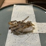 明寂 - 新解釈　もろこ寿司　茶巾状の薄焼き卵の上に、酢飯、もろこの頭、骨の素揚げ