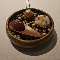 サンス・エ・サヴール - 【プティ・サレ3種】
                    リンゴと柘榴のジュレのベジタブルゼラチン包み/ヤリイカのタルトレット/
                    豚ホホ肉とフォアグラのクロケット