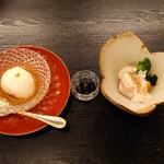 丹波篠山　近又 - 先付け(香味鶏と地場野菜、丹波篠山最上級黒豆、山の芋の豆腐仕立て)
