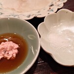 鮨 実紀 - 塩、わさび、肝入りポン酢