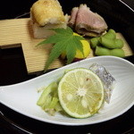 Shiki - 前菜・九十れもん煮　合鴨煮ロース　はも寿司　枝豆塩ゆで　太刀魚酒盗漬け　しろうり雷干し