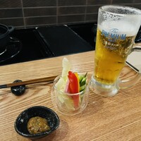博多 鴨すき 鴨しゃぶ なかもぐろ - お通しのもろみ味噌と野菜