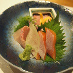 Tama no Yu - お造り：川魚３点盛り　妻一式(信州サーモン・大岩魚・鯉洗い)