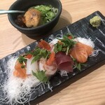 鮨 酒 肴 杉玉 - 炙りあん肝　刺身盛り合わせ(鮪•烏賊•サーモン)