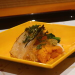 日本料理 幸庵 - 平貝、雲丹、菜の花の黄身酢と加減酢ジュレ仕立て