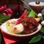 日本料理 幸庵 - 鹿のつくねとウルイの蕗味噌がけ