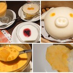 DimDimSum - 楊枝甘露680円、プリン(マンゴー630円、 ライチ480円)、カスタード饅380円✨ヨンジー～はマンゴーのデザートで液状。こちらタピオカとグレフル入り。豚さん饅頭はカスタード餡とアヒルの卵黄入り。