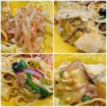 ブロンコビリー - (左上)小エビの3色ナムル
(右上)桜香るそら豆の春爛漫サラダ
(左下)あおさと菜の花のボンゴレパスタ
(右下)ピーナッツ香る白麻婆豆富風サラダ
　　　　〜クレソン添え〜