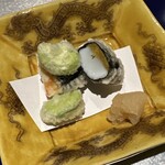 野嵯和 - 天ぷら　そら豆　カラスミとイカの海苔巻き