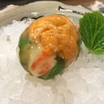 寿司栄 - 先付 雲丹 イクラ 海老 オクラ 出汁