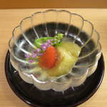 先付：賀茂茄子、万願寺唐辛子、トマトの土佐酢ジュレがけ