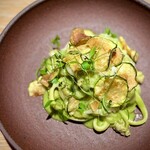 292844164 - 仔ウサギ　ズッキーニとセージのパヴェッテ。
                    こういうパスタ、髙橋シェフっぽいなぁ。
                    こんなにキレイな色のパスタなんてあります？(^^)
                    セージの香りも効いていて、まだ寒いけど、春らしさを感じる一皿。