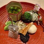293033357 - 珍味盛合せ（八寸） うすい豆の翡翠煮 さざえの肝あえ そら豆 蕗の薹のおから和え ばちこ 百合根団子 春子 丹波黒豆の黒胡麻揚げ