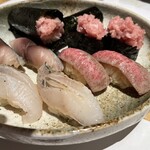 二代目辰よし - 極上肉寿司　とろたく　まぐろ中落ち軍艦　とろほっけ　自家製しめさば