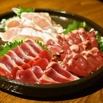 Gamushara - 2014.7 鶏の刺身三点盛（950円）ささみ、砂肝、ハツ