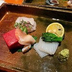 四季 粋花亭 - 刺身(婆鰈、本鮪、北寄貝、鰯酢〆、ヤリイカ)