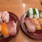 スシロー - 活〆桜鯛180円サーモン焼トロサーモン120円活〆はまち160円えんがわ120円大赤貝180円