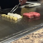 名駅 鉄板焼き 森本Ｘ Premium - 今市蕪、菜花、さつまいもの組み合わせ