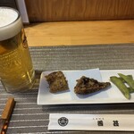 大衆割烹 善甚 - 魚の身の入った卵焼き、サバの竜田揚げと枝豆