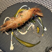 ルサンク  - ◉ 天使海老カダイフ…マンゴーソース
                  ☘️香ばしいサクサク感で、海老を美味しく頂く事が出来ました！