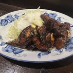 金町製麺 - 鶏と豚レバー焼き にんにくダレ　470円