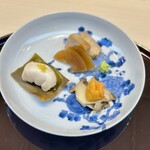 THE SUSHI TOKYO 旬 - 【蒸しあわび　ウニのせ】　【真鯛の白子松前焼き】【あん肝煮と奈良漬け】