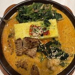 &スリランカTOKYO - 雑穀フライドガーリックシュリンプカレー、ほうれん草＆キノコ、豚肩ロースステーキハーフ