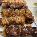 焼鳥かさ岡 - エビ   ズリ   とりかわ    かしわ    牛サガリ                
