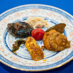 四川料理 巴蜀 - 前菜 プチトマトの甘酢漬け えのきのXO醤の和え物 胡瓜の黒酢漬け 帆立と発酵生姜煮込み 茄子の麻辣ソース 獅子唐の豆豉炒め 椎茸の醤油煮込み