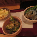 おおはま - 2014.8  ポテサラ　甘辛長唐辛子のお浸し　揚げ茄子びたし　3種盛り