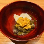 博多呑場 五右エ門 - 鮑と里芋のあんかけ、天草産ウニを乗せて