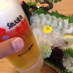 魚太郎 市場食堂 - ヒラメの刺身はビールで♪