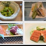 花あさぎ - 枝豆・天ぷら（鮑・アスパラ）・お造り（金目鯛・鰹）・うざく