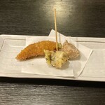 六間堂 - 揚物（豚とアスパラ・いわし梅肉巻き・里芋）