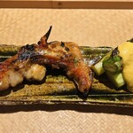 奈良 而今 - 焼物
       金目鯛(御宿)木の芽焼き　
       グリーンアスパラ(北海道)