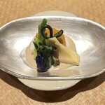 奈良 而今 - 前菜　土筆, 片栗の花,筍(奈良)タラの芽,蕨,炊いた長芋