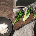 クロモリ - 雪菜、広東白菜、もう１つは失念。混ぜご飯なのだが、最適な熱の量が全て違うので分けて出しますとのこと。